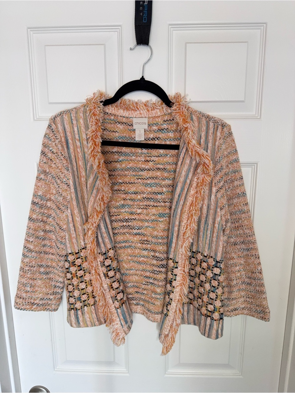 Chico's Peach Multi-Color Fringe Open Cardigan
